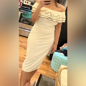 RARE Anthropologie off shoulder knit midi with ruffles, The Room - Size M